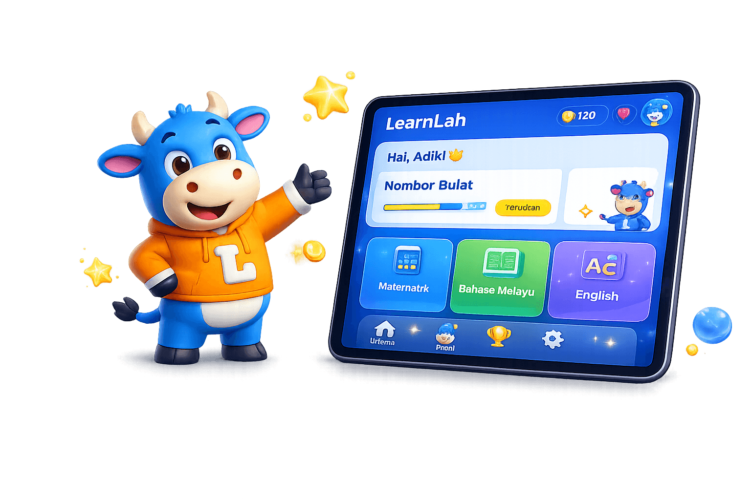 Maskot LearnLah bersama paparan aplikasi